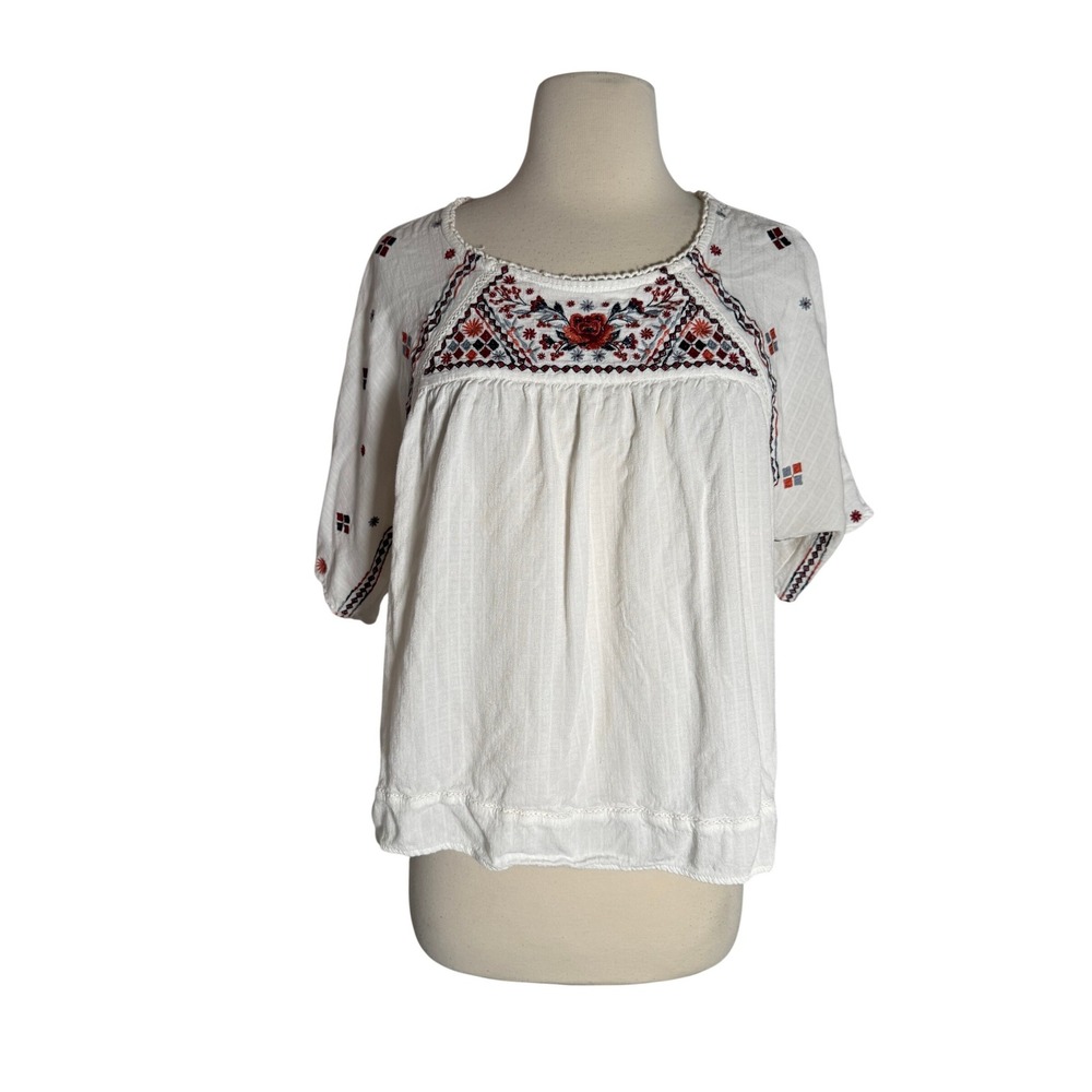 Knox Rose White Embroidered Peasant Blouse Short Sleeve Boho Rayon Womens SZ M - Picture 1 of 9